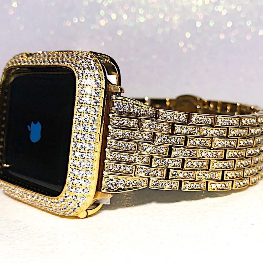 2 pc Apple Watch set yellow gold lab diamond case and crystal band classy bling